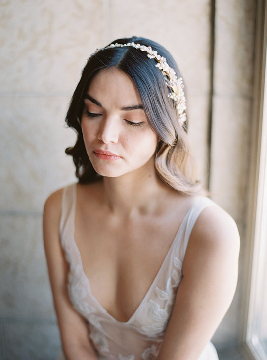 Blush bridal headpiece.