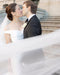 Close up of a bride and groom kissing on stone steps. The bride is wearing the Amelie bridal veil with blusher with a low updo.