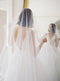 Close-up of a bride wearing the sheer Amelie bridal veil with the waist-length blusher over her face, highlighting the deep V-back of her lace wedding dress and bob haircut.
