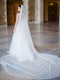 The bride stands in the Mt Stephen Ballroom at Fairmont Banff, viewed from the back, showcasing the dramatic royal length of the Annabelle English net wedding veil as the train is fanned our widely on the stone floor behind her.