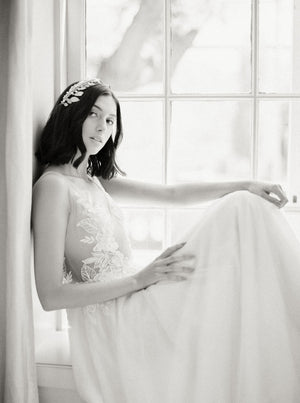 Gold wedding headpiece with crystals.