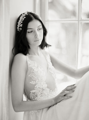 Gold wedding headpiece with crystals.