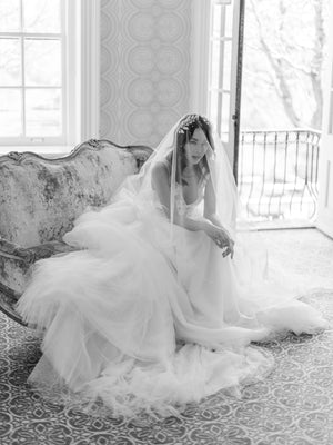 Gold wedding headpiece with crystals.