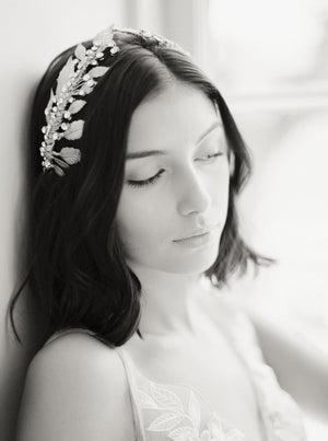 Gold wedding headpiece with crystals.