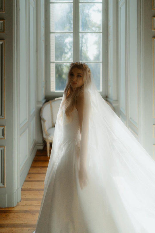 Silk tulle wedding veil styled on real bride, chateau wedding.