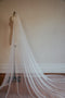 A profile photo of the Isabelle veil, showcasing the fluid nature of the silk tulle as it flows into the fanned out train.
