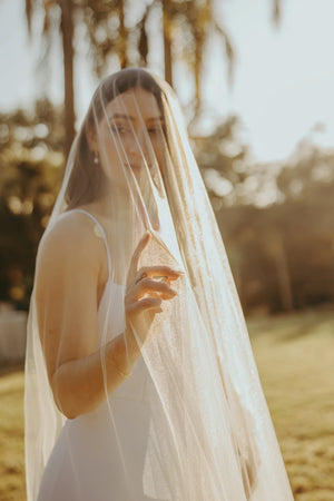 Bridal portrait with wedding veil with blusher.
