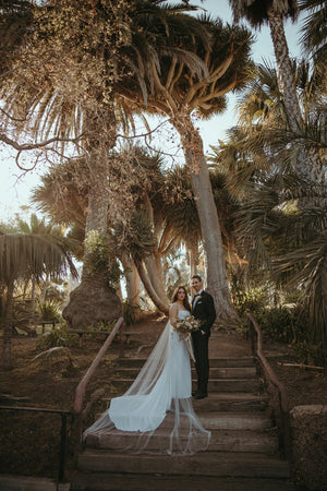 Married couple portrait. Bride is wearing a long wedding veil.