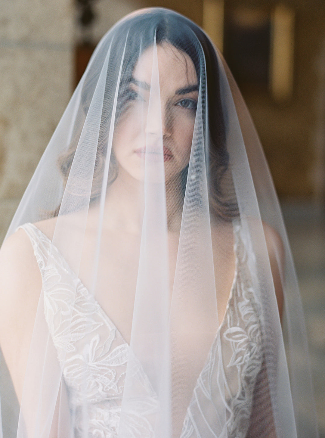 Portrait of a bride wedding a wedding veil with blusher.