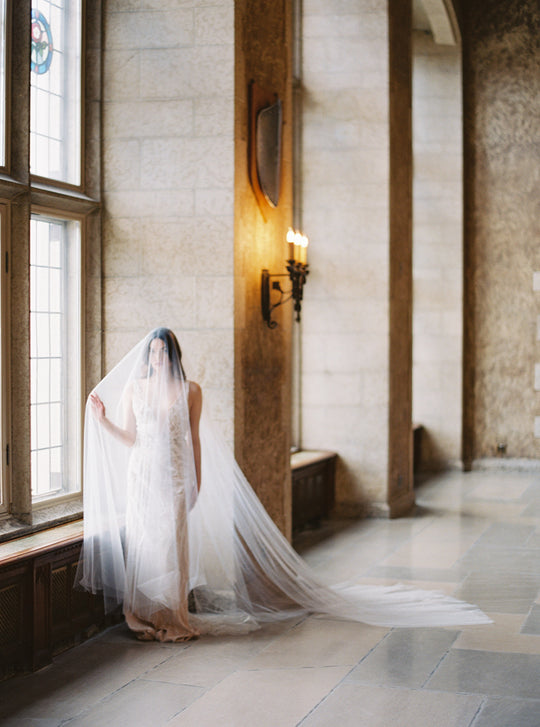 Long wedding veil with blusher.