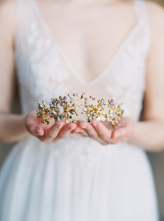 Floral wedding crown with butterflies.