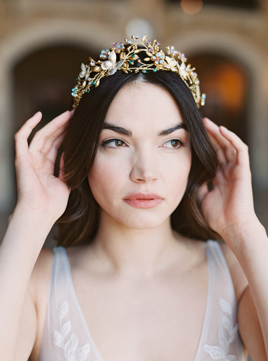 Floral wedding crown with butterflies.