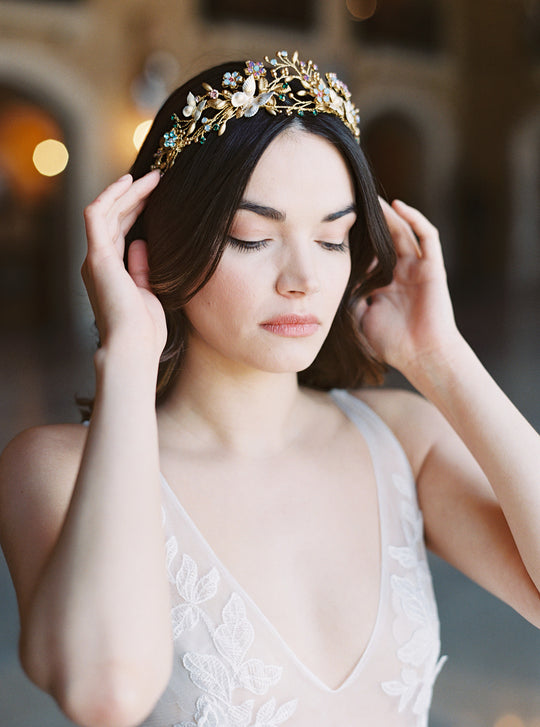 Floral wedding crown with butterflies.