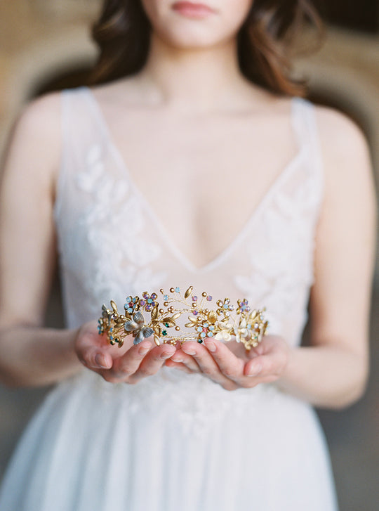 Floral wedding crown with butterflies.