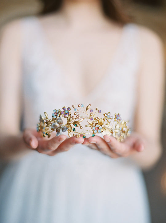 Floral wedding crown with butterflies.