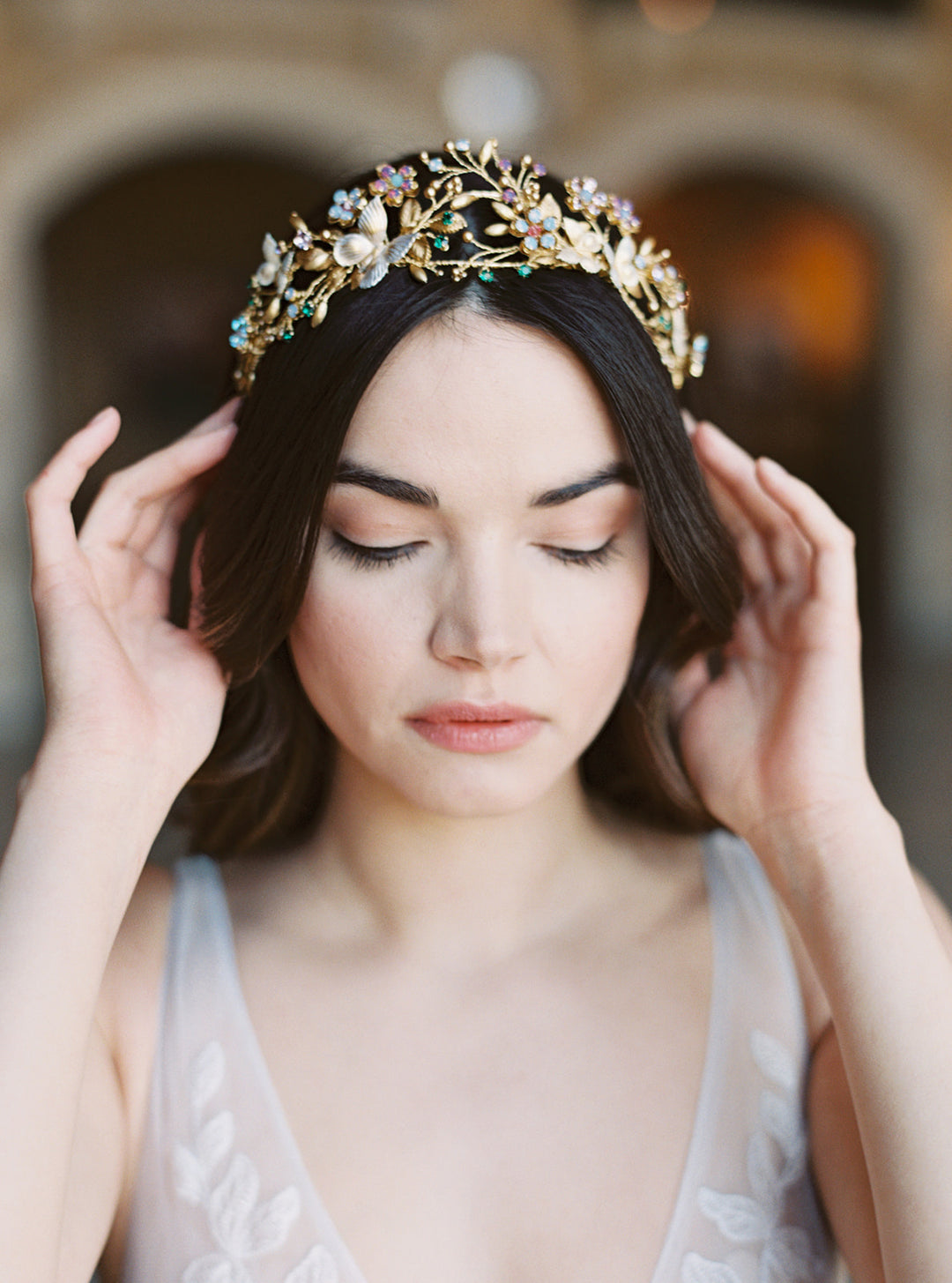 Floral wedding crown with butterflies.