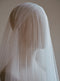 A side profile of a bridal mannequin wearing the Lilybeth silk Juliet cap veil. The sheer French silk tulle blusher is worn dropped over the face, highlighting the elegant gathered detailing at the sides of the head and the fluid drape of the silk tulle.