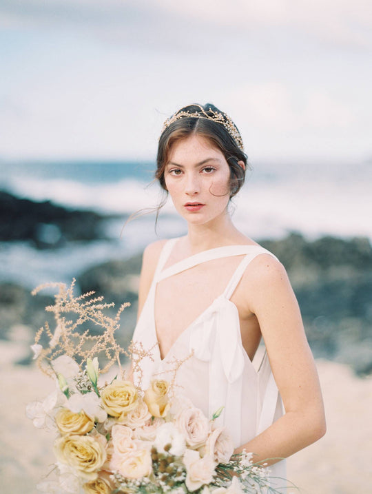 AMIRA | Crystal and Gold Pearl Wedding Crown - Noon on the Moon