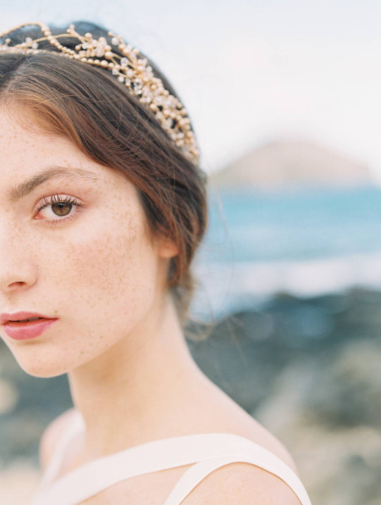 AMIRA | Crystal and Gold Pearl Wedding Crown - Noon on the Moon