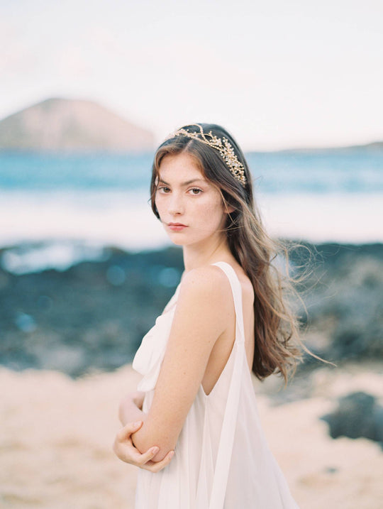 AMIRA | Crystal and Gold Pearl Wedding Crown - Noon on the Moon