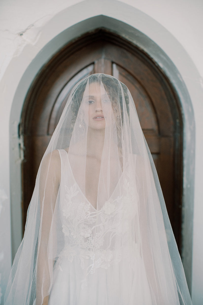 Close-up portrait of the bride with the sheer Grace Pure Silk Blusher Veil pulled over her face, against a dark wooden door.