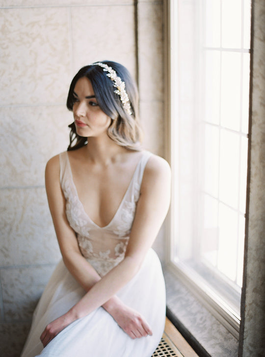 Blush bridal headpiece.