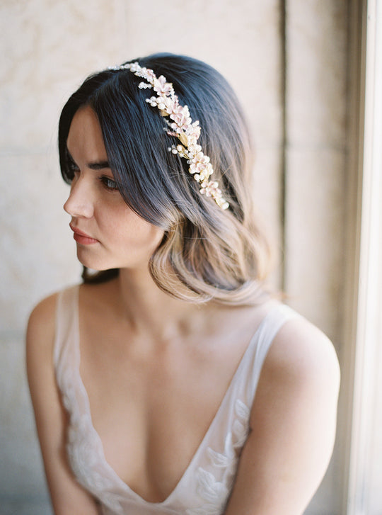 Blush bridal headpiece.