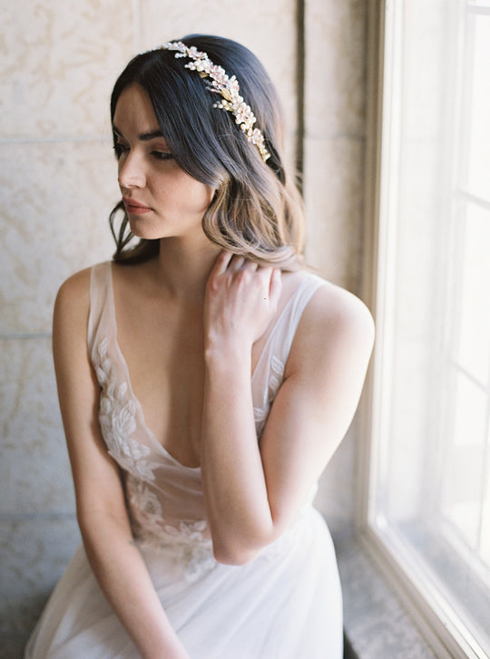 Blush bridal headpiece.