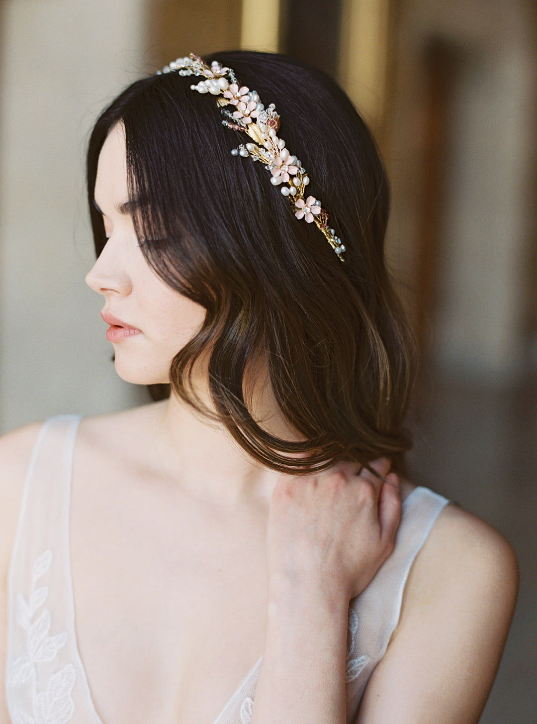 Blush bridal headpiece.