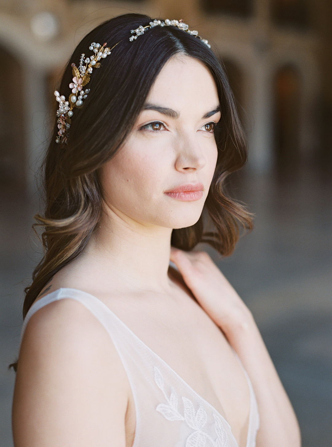 Blush bridal headpiece.