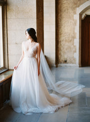 sheer bridal cape with wide train