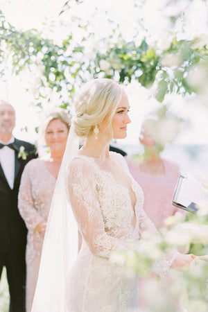 Bridal veil with long blusher.