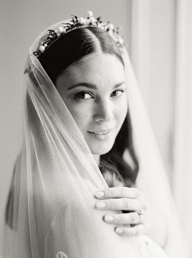 Bridal veil with long blusher.