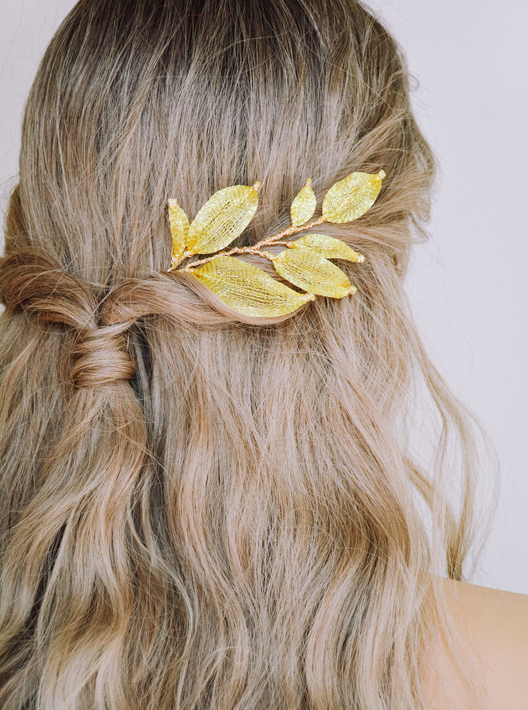 WILLOW gold leaf bridal headpiece worn with half up half down hairstyle