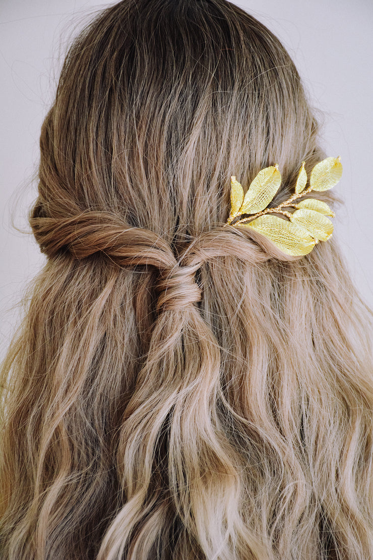 WILLOW gold leaf bridal headpiece with halfup hairstyle